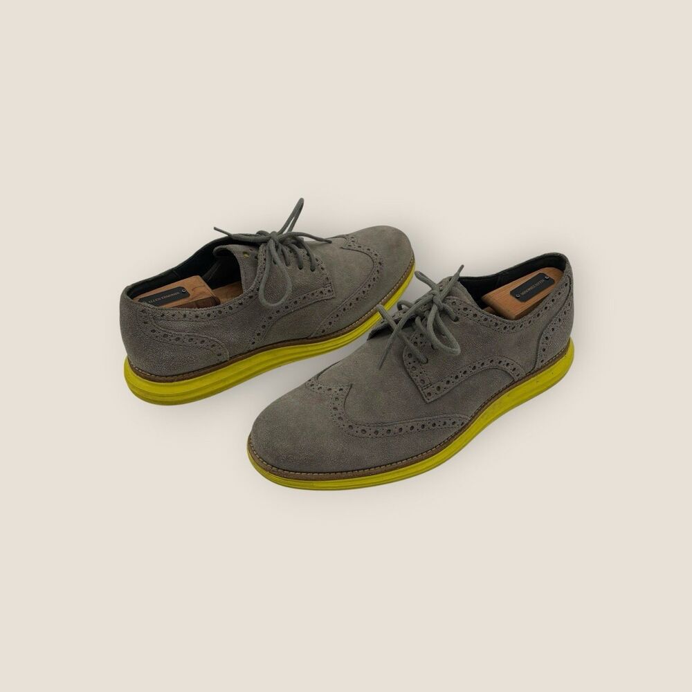 Cole Haan Lunargrand Wingtip Oxford Shoes Suede Yellow Outsole Mens Size 9 Beige